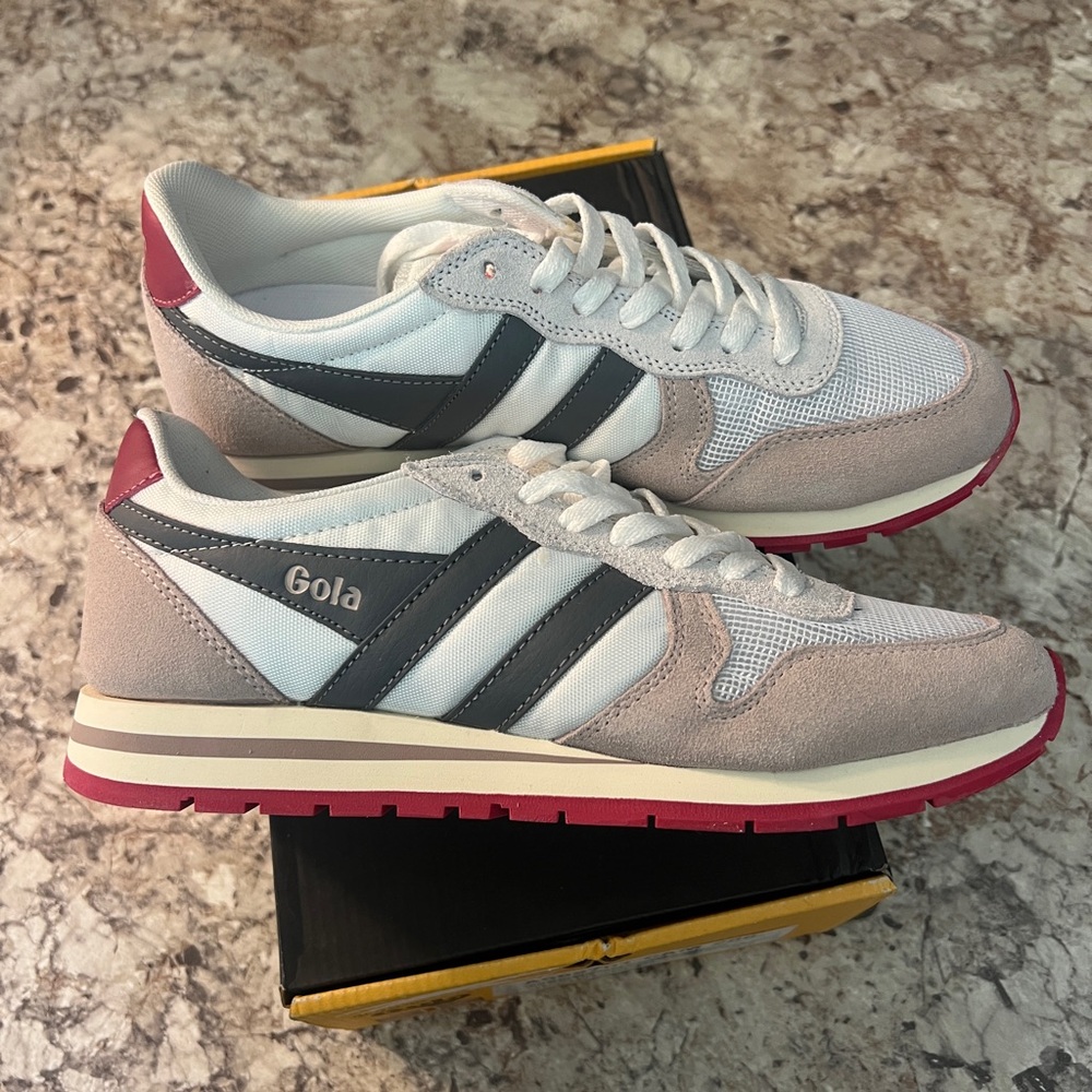 Gola Daytona White and Gray Sneakers with Pink Accents. Brand New In Box